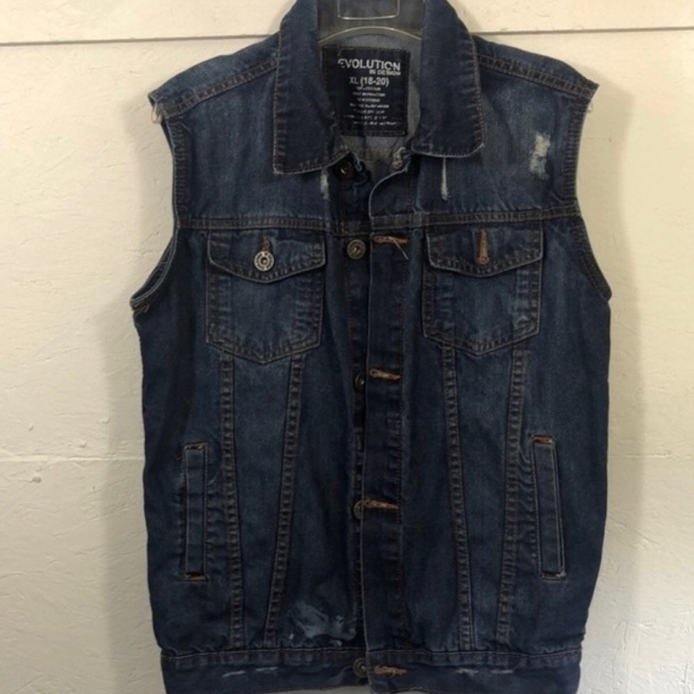 Super cool distressed denim button up vest with collar. See pix/dimensions XL